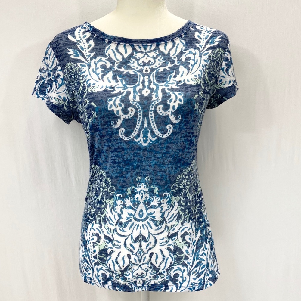 INC blue and white burnout petite top with silver bling